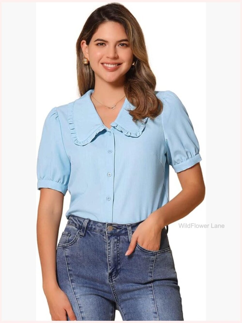 Vintage Peter Pan Collar Puff Sleeve Chambray Shirt Blouse Top